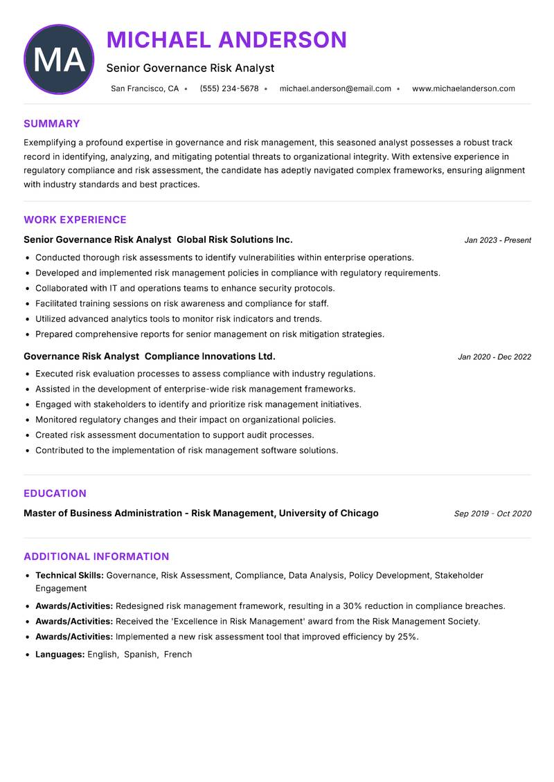 Governance Risk Analyst resume example — ATS-friendly template