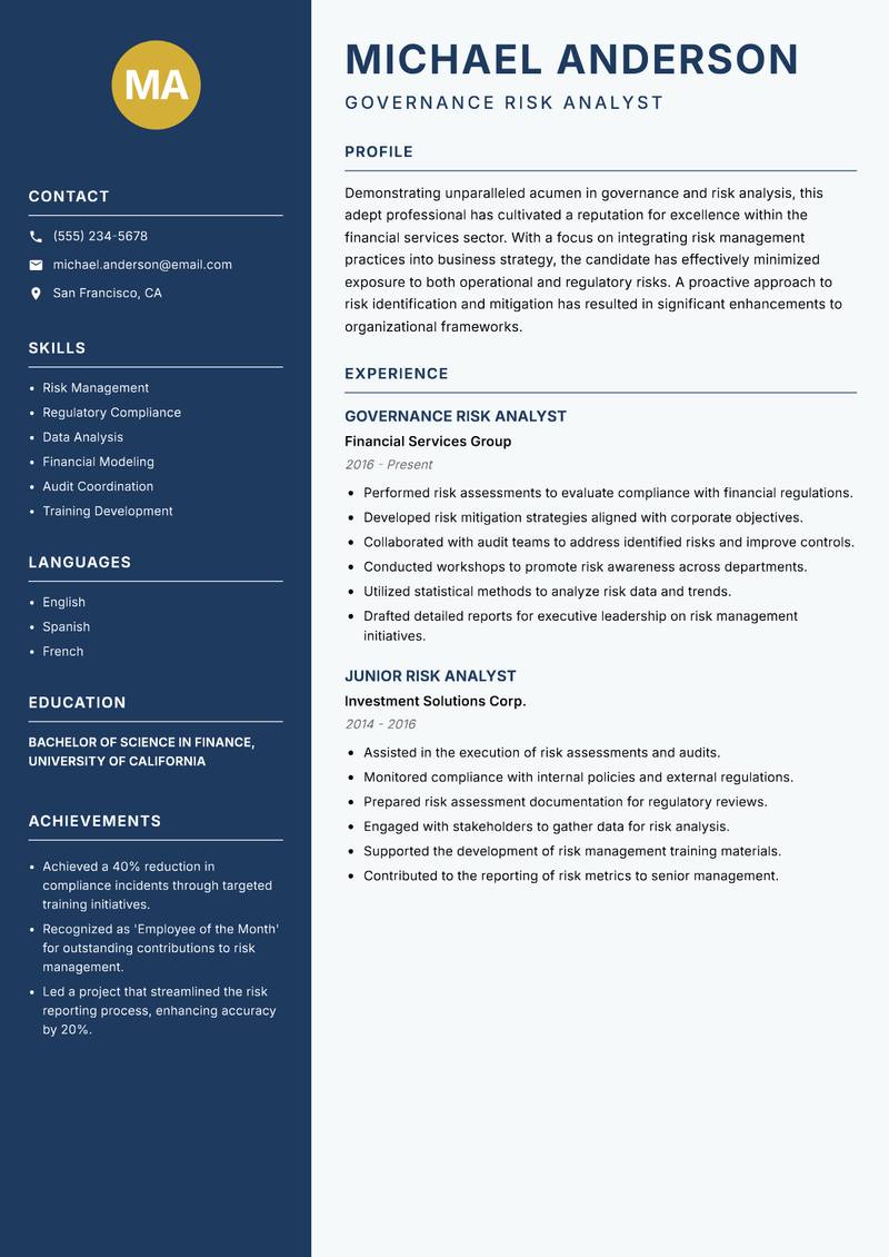 Governance Risk Analyst resume template — Classic Clean