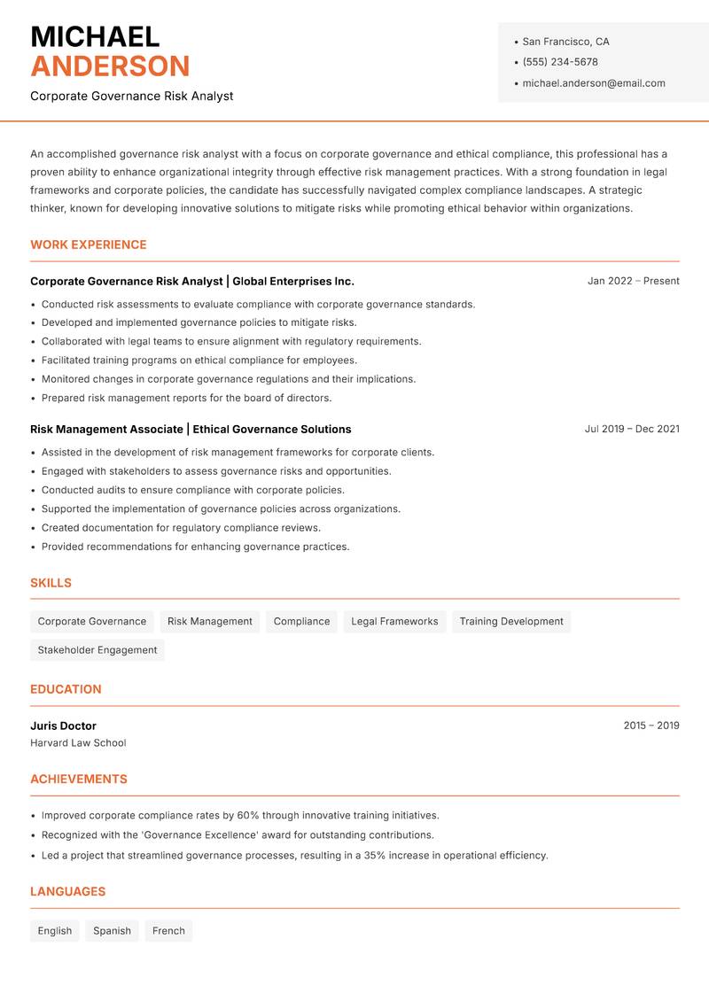 Governance Risk Analyst resume template — Modern Professional