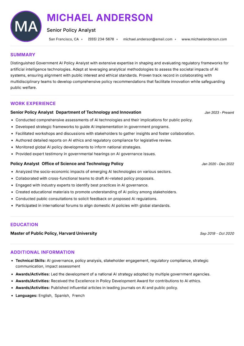 Government AI Policy Analyst resume example — ATS-friendly template