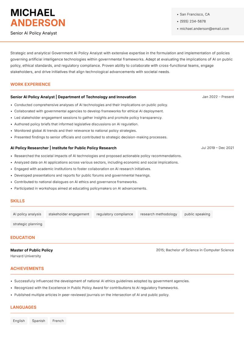 Government AI Policy Analyst resume template — Modern Professional