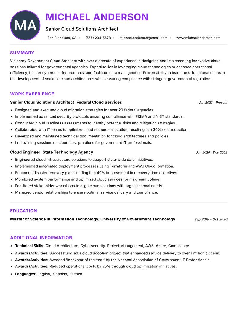 Government Cloud Architect resume example — ATS-friendly template