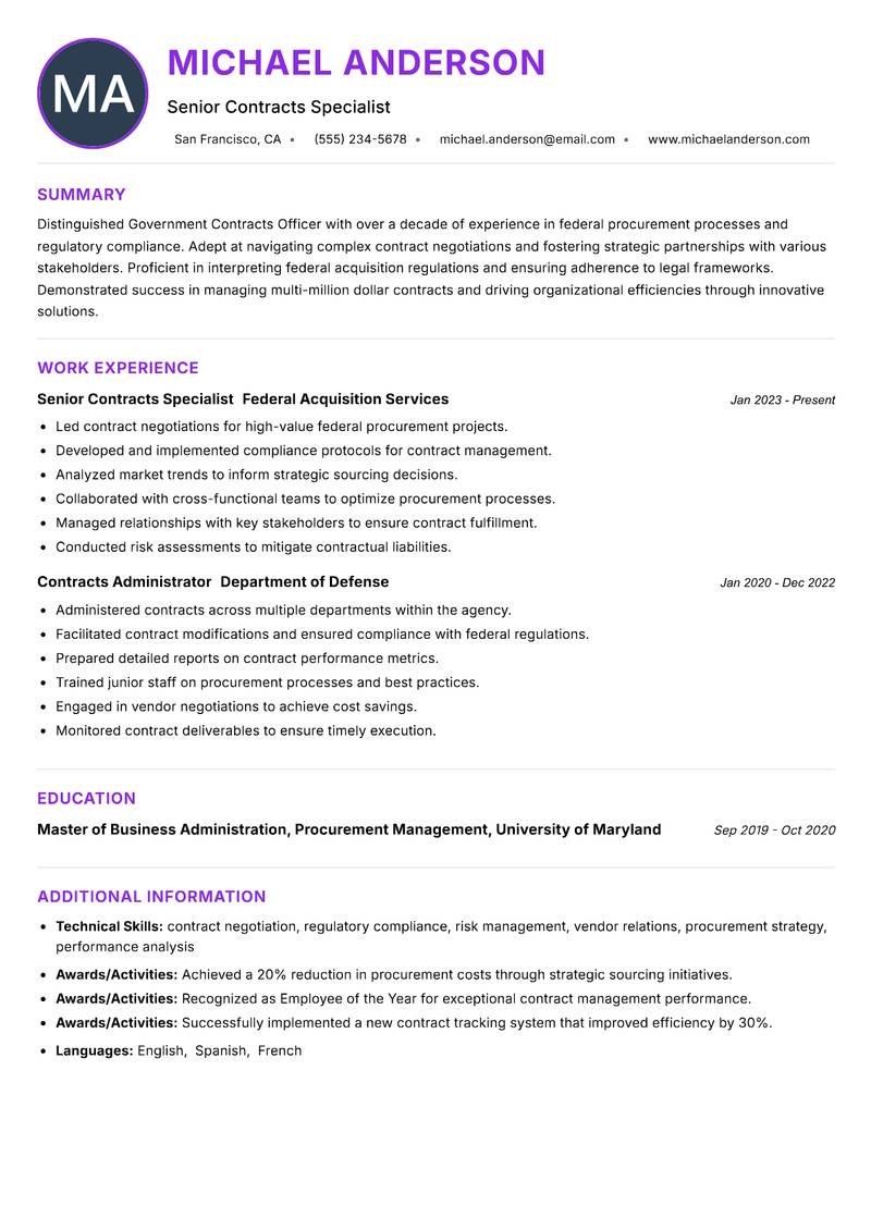 Government Contracts Officer resume example — ATS-friendly template