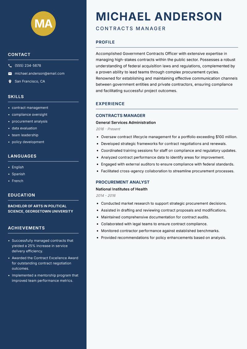 Government Contracts Officer resume template — Classic Clean