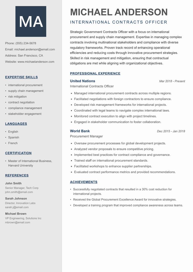 Government Contracts Officer resume template — Creative Minimal