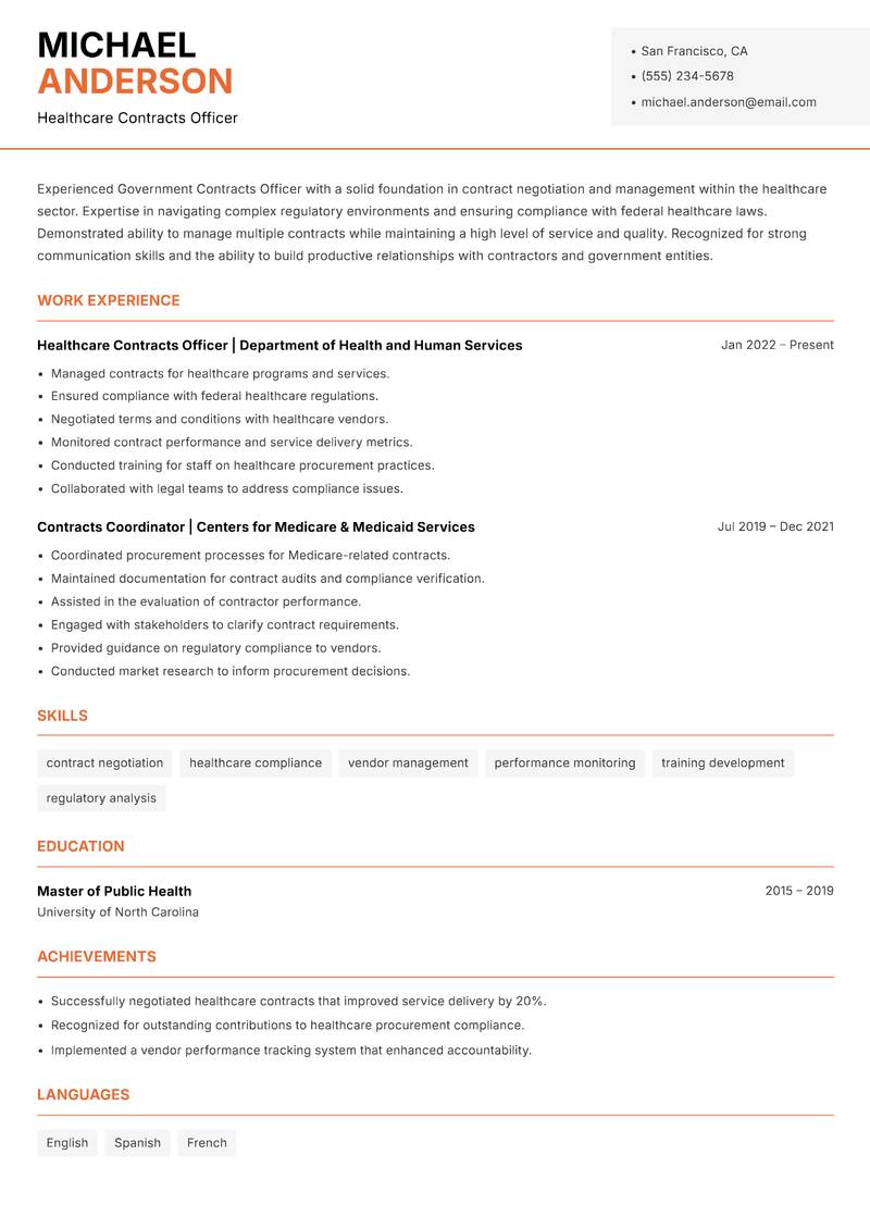 Government Contracts Officer resume template — Modern Professional