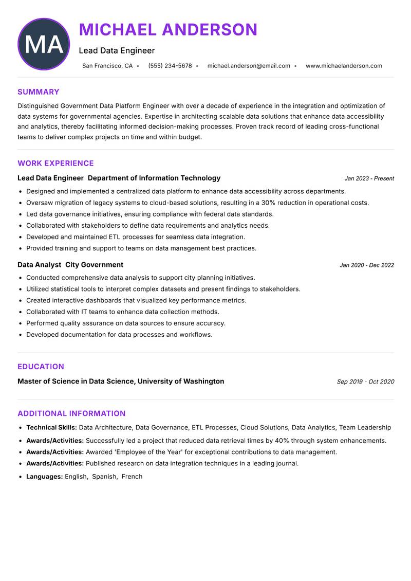 Government Data Platform Engineer resume example — ATS-friendly template