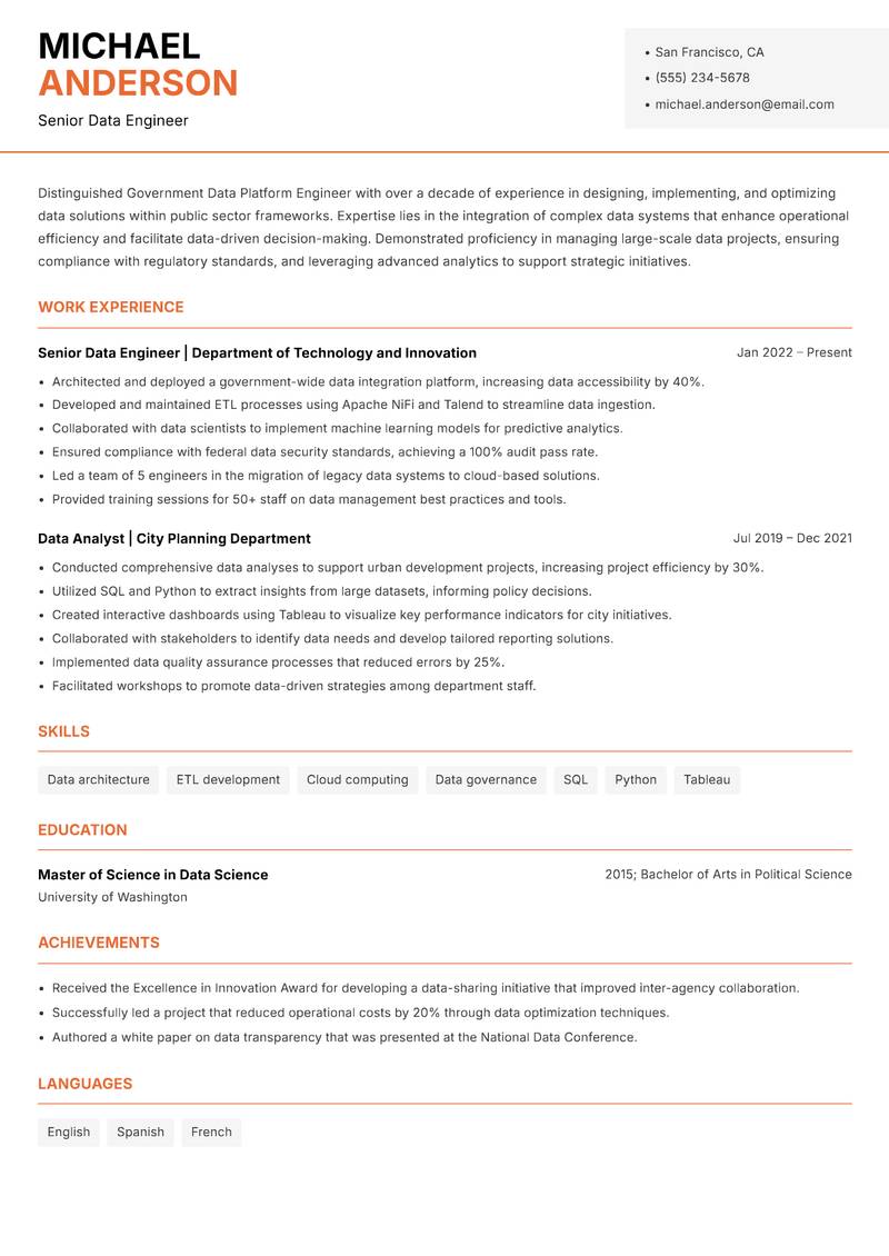 Government Data Platform Engineer resume template — Modern Professional