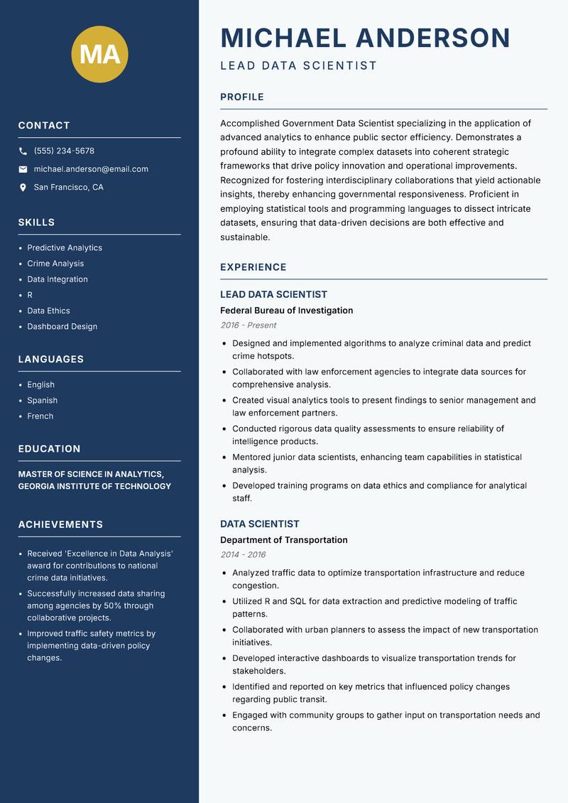 Government Data Scientist resume template — Classic Clean
