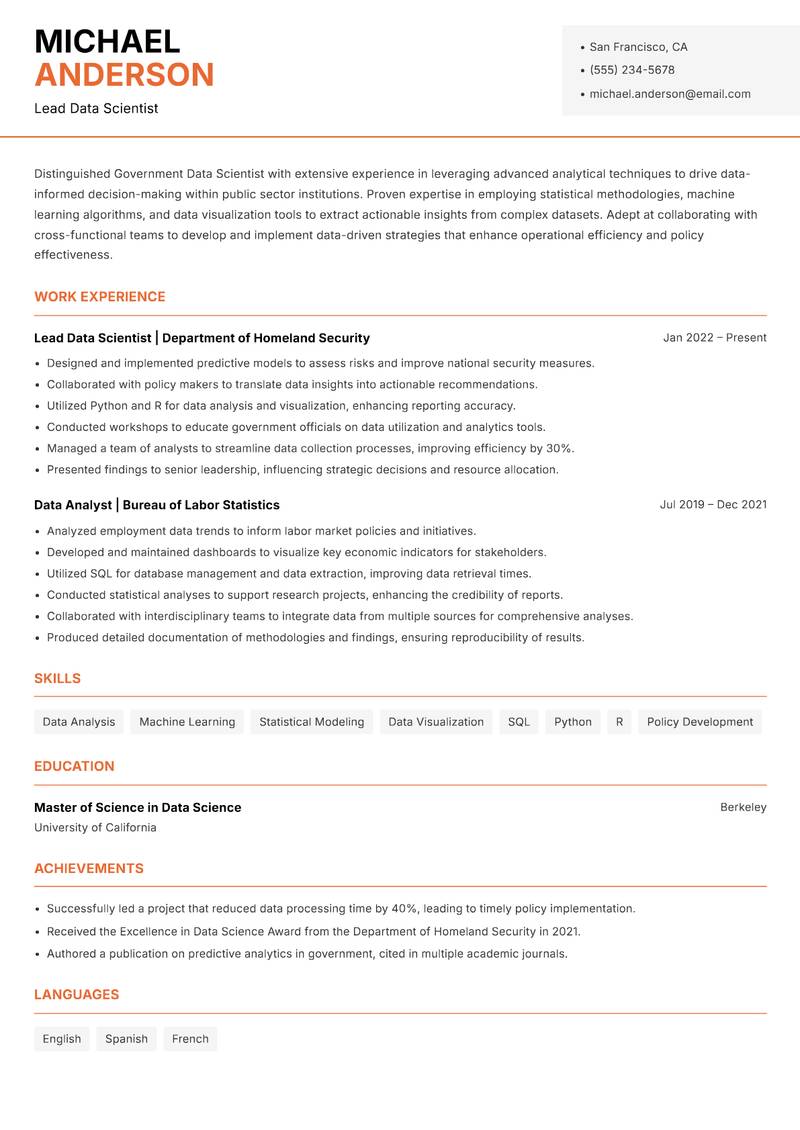 Government Data Scientist resume template — Modern Professional