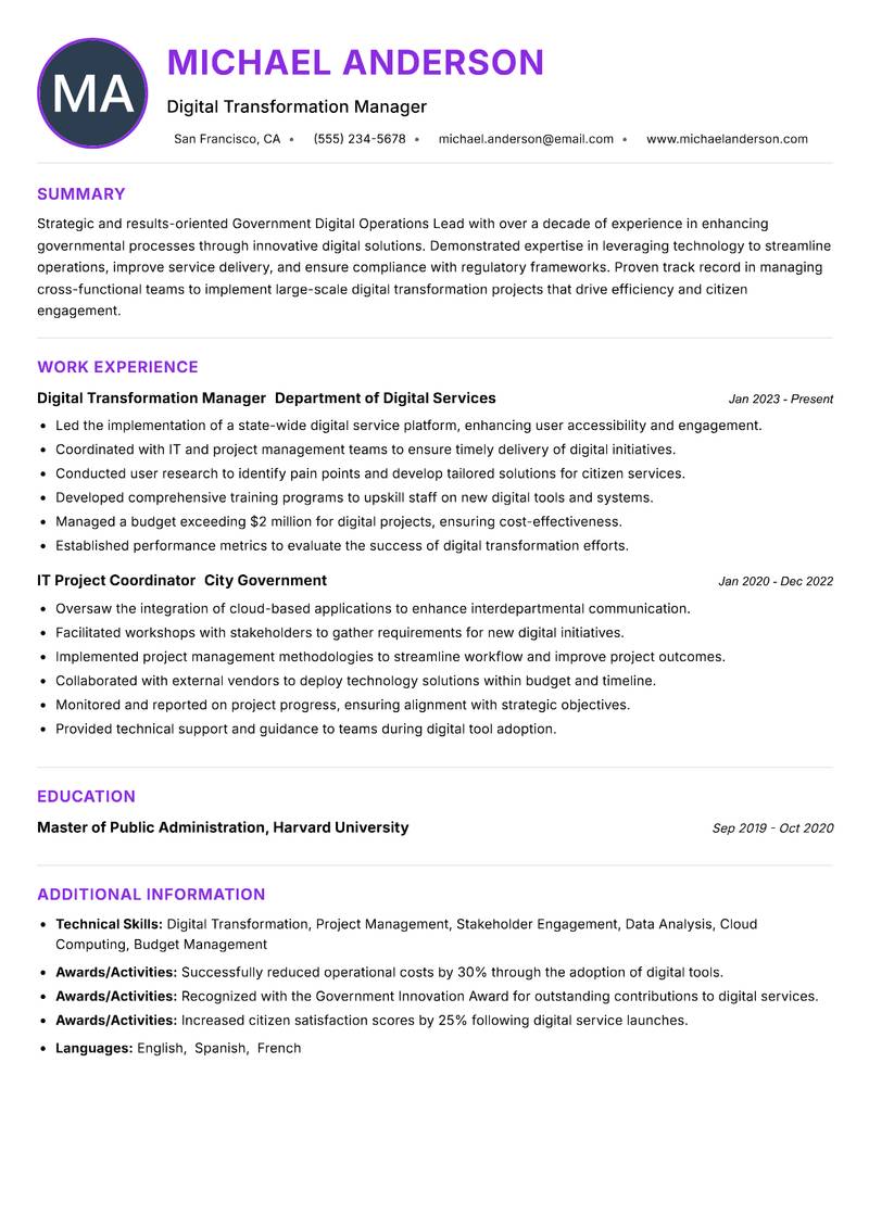 Government Digital Operations Lead resume example — ATS-friendly template