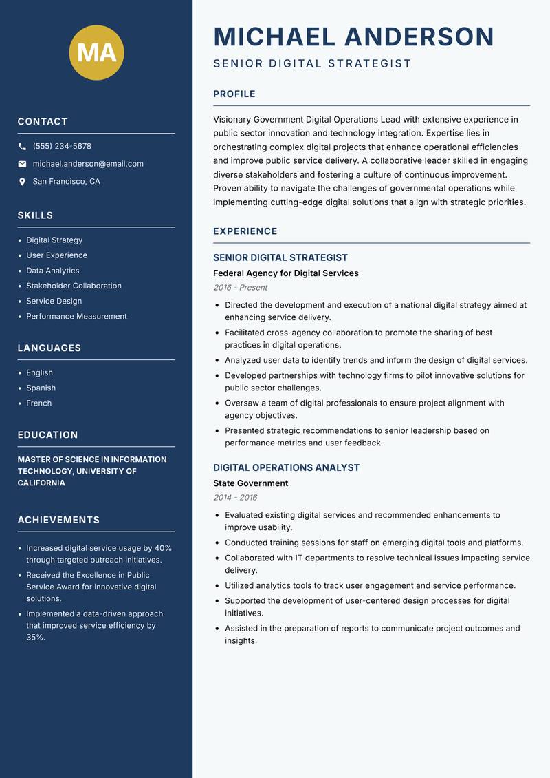 Government Digital Operations Lead resume template — Classic Clean