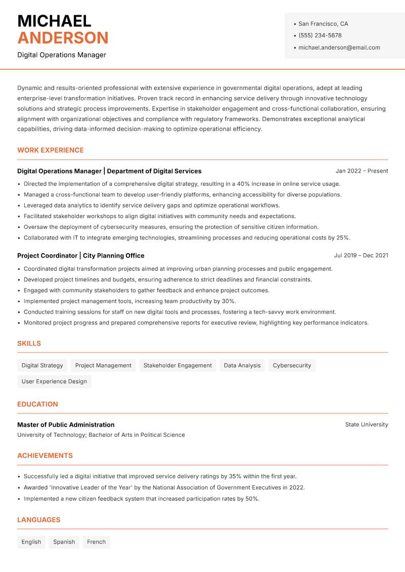 Government Digital Operations Lead resume template — Modern Professional