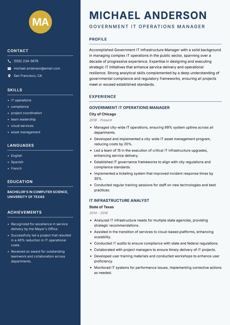 Government IT Infrastructure Manager resume template — Classic Clean