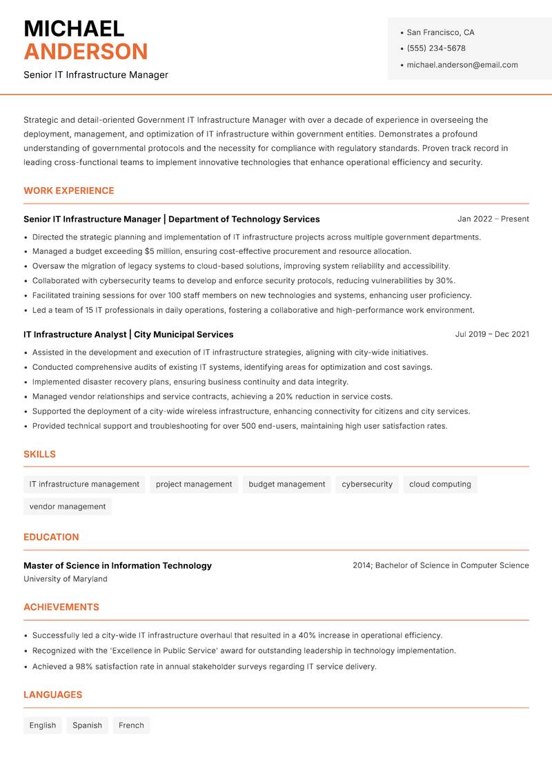Government IT Infrastructure Manager resume template — Modern Professional