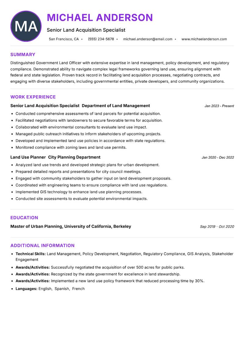 Government Land Officer resume example — ATS-friendly template