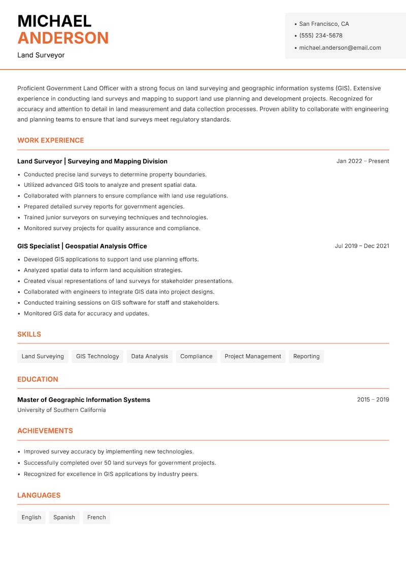 Government Land Officer resume template — Modern Professional