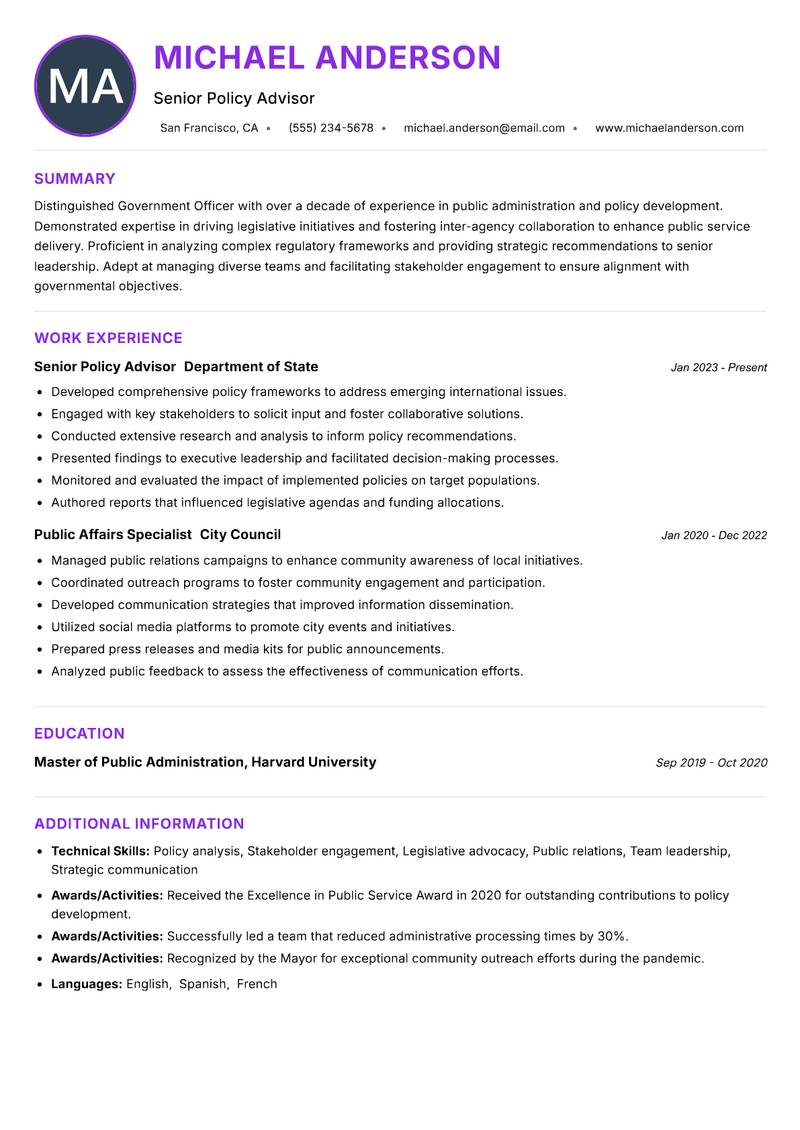 Government Officer resume example — ATS-friendly template