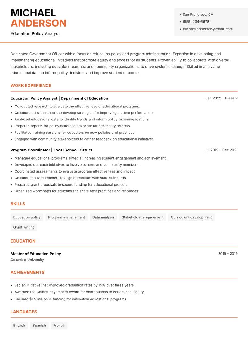 Government Officer resume template — Modern Professional