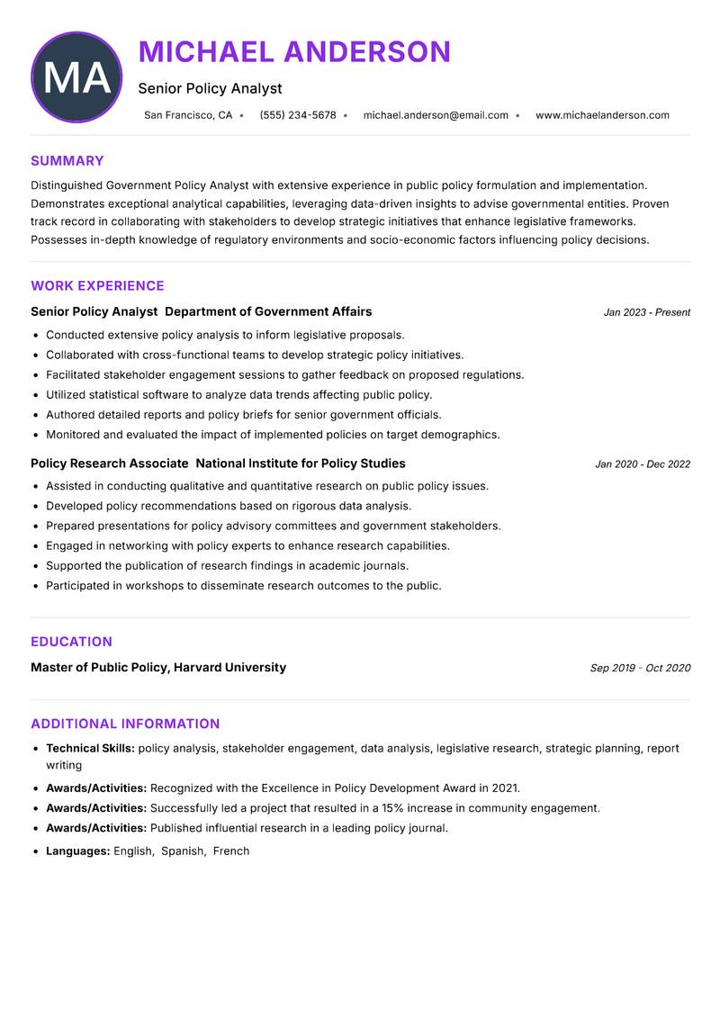 Government Policy Analyst resume example — ATS-friendly template