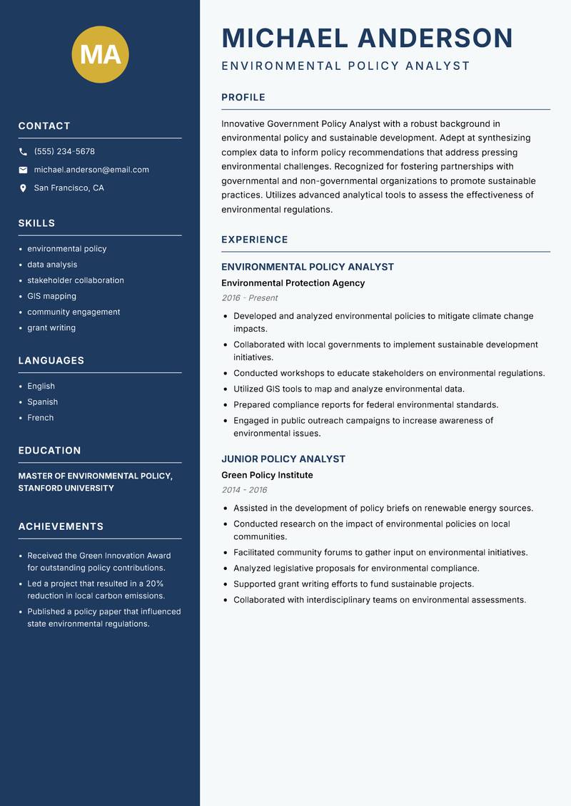 Government Policy Analyst resume template — Classic Clean