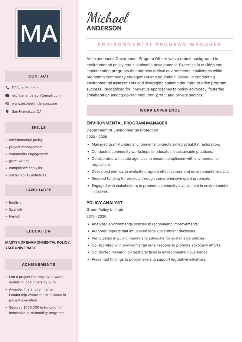 Government Program Officer resume template — Executive