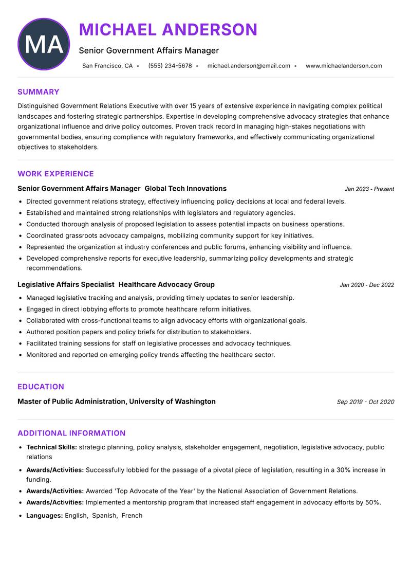 Government Relations Executive resume example — ATS-friendly template