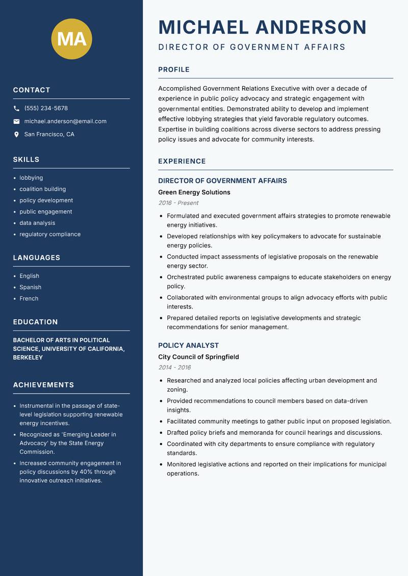 Government Relations Executive resume template — Classic Clean