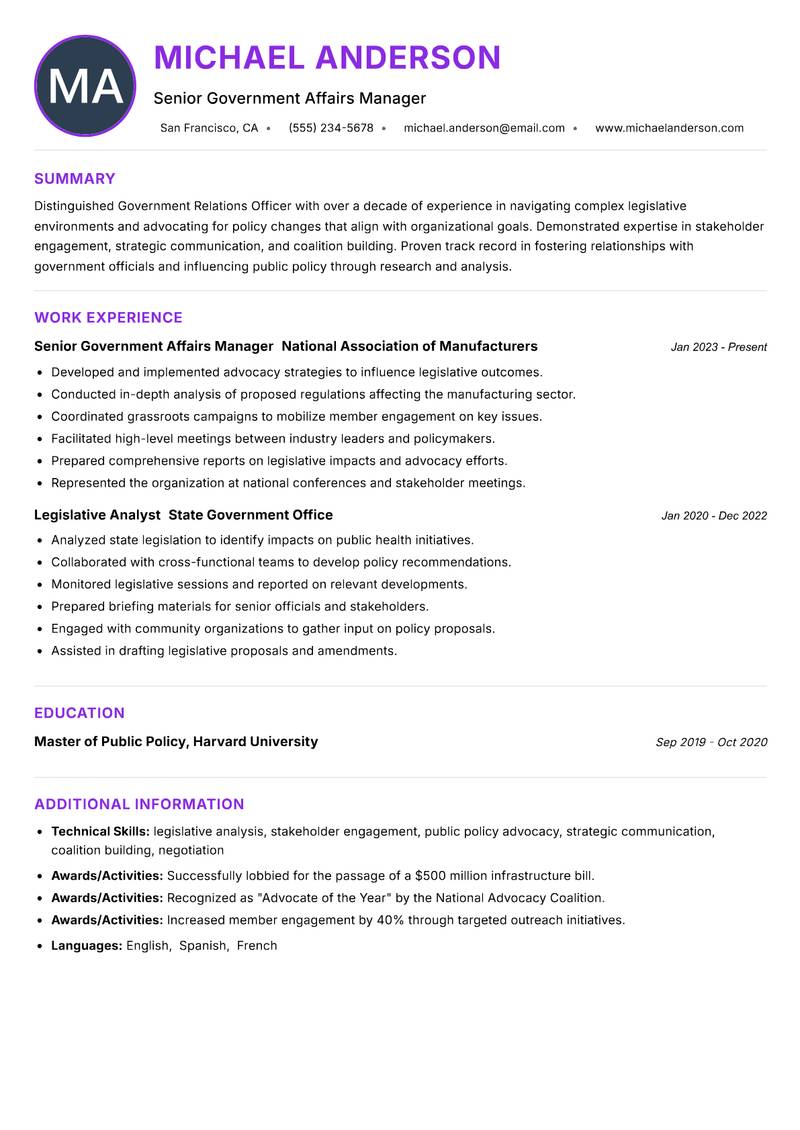 Government Relations Officer resume example — ATS-friendly template