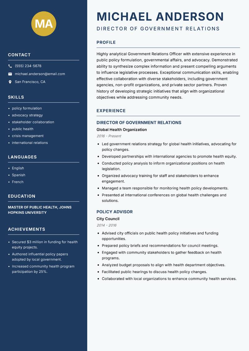 Government Relations Officer resume template — Classic Clean