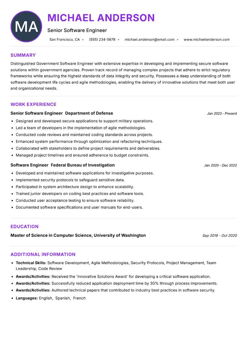 Government Software Engineer resume example — ATS-friendly template
