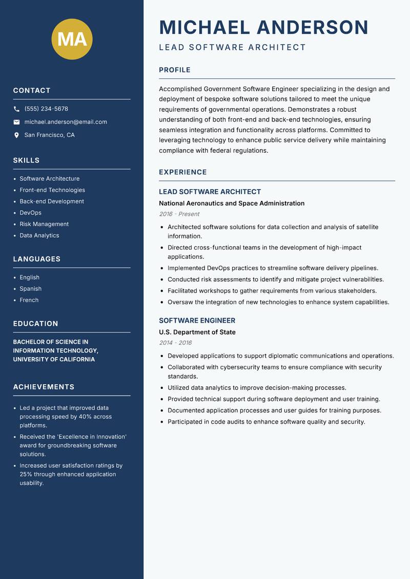 Government Software Engineer resume template — Classic Clean
