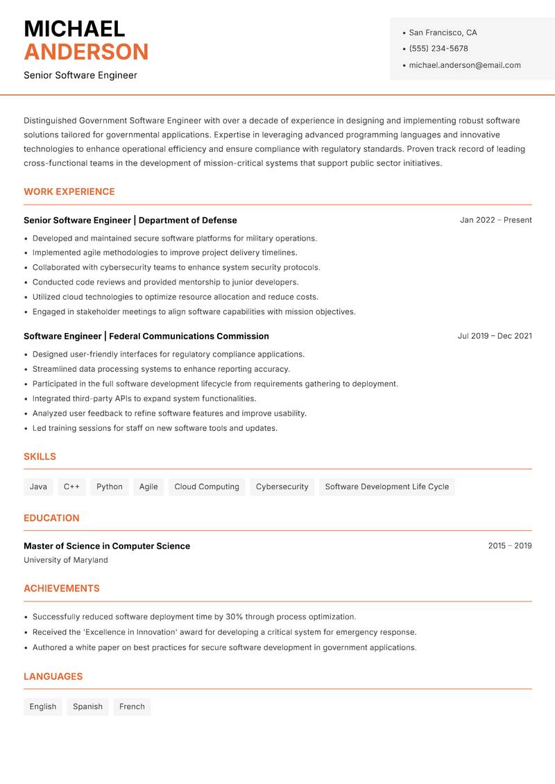 Government Software Engineer resume template — Modern Professional