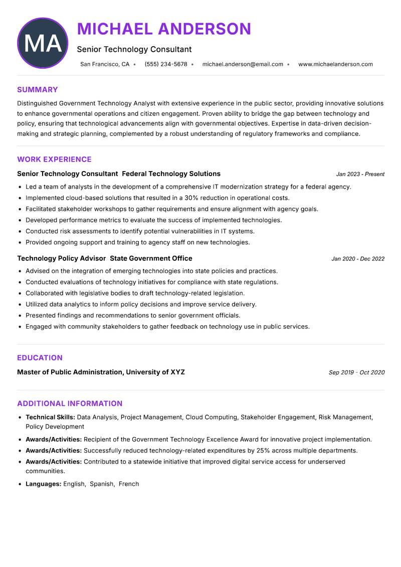 Government Technology Analyst resume example — ATS-friendly template