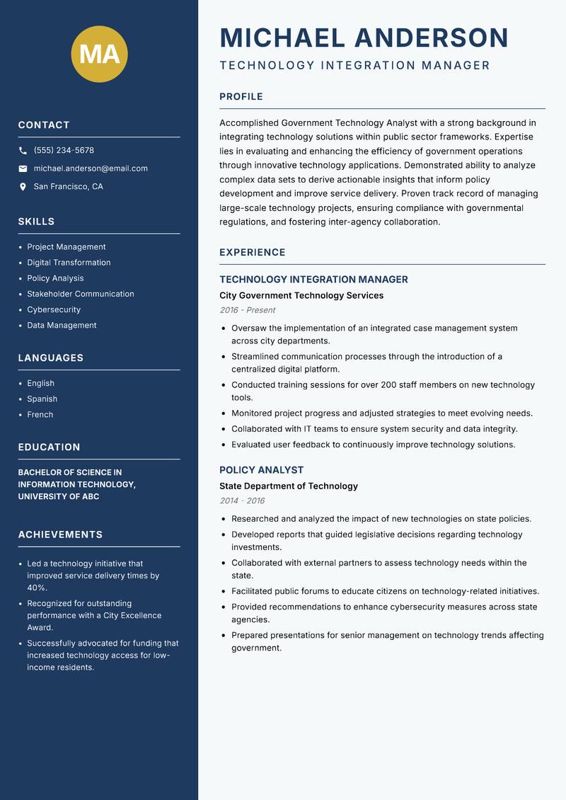 Government Technology Analyst resume template — Classic Clean