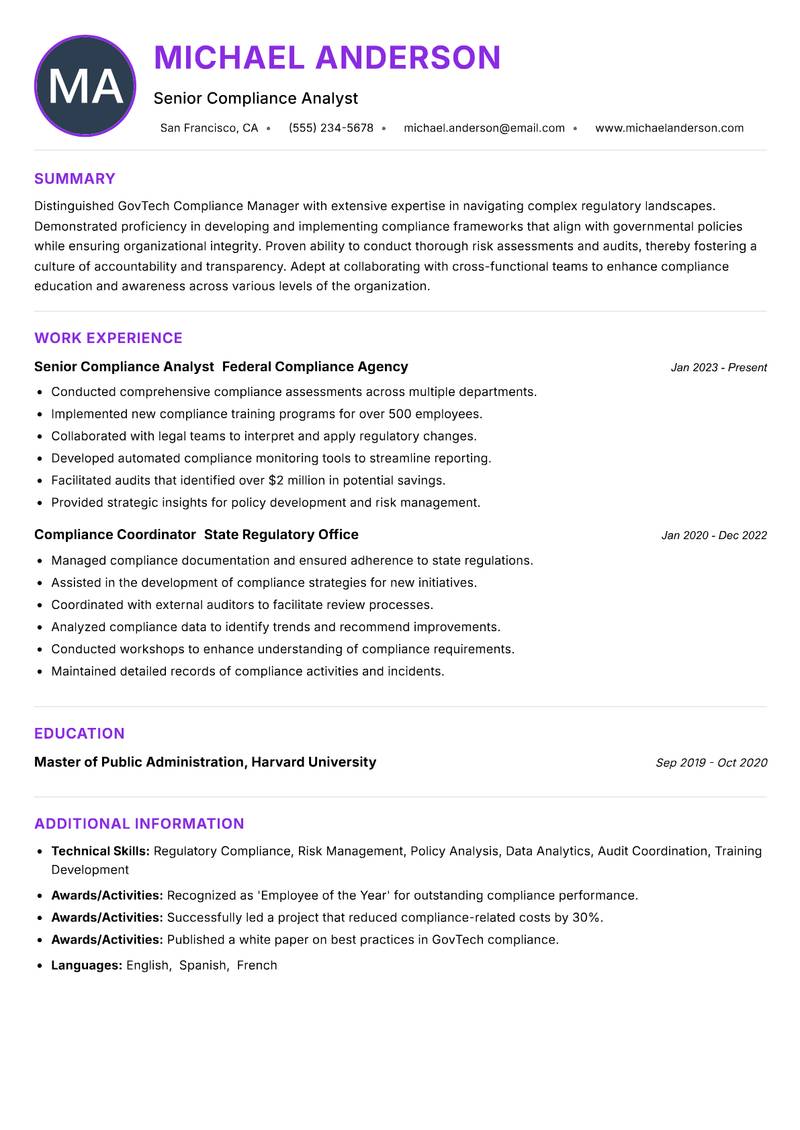 GovTech Compliance Manager resume example — ATS-friendly template
