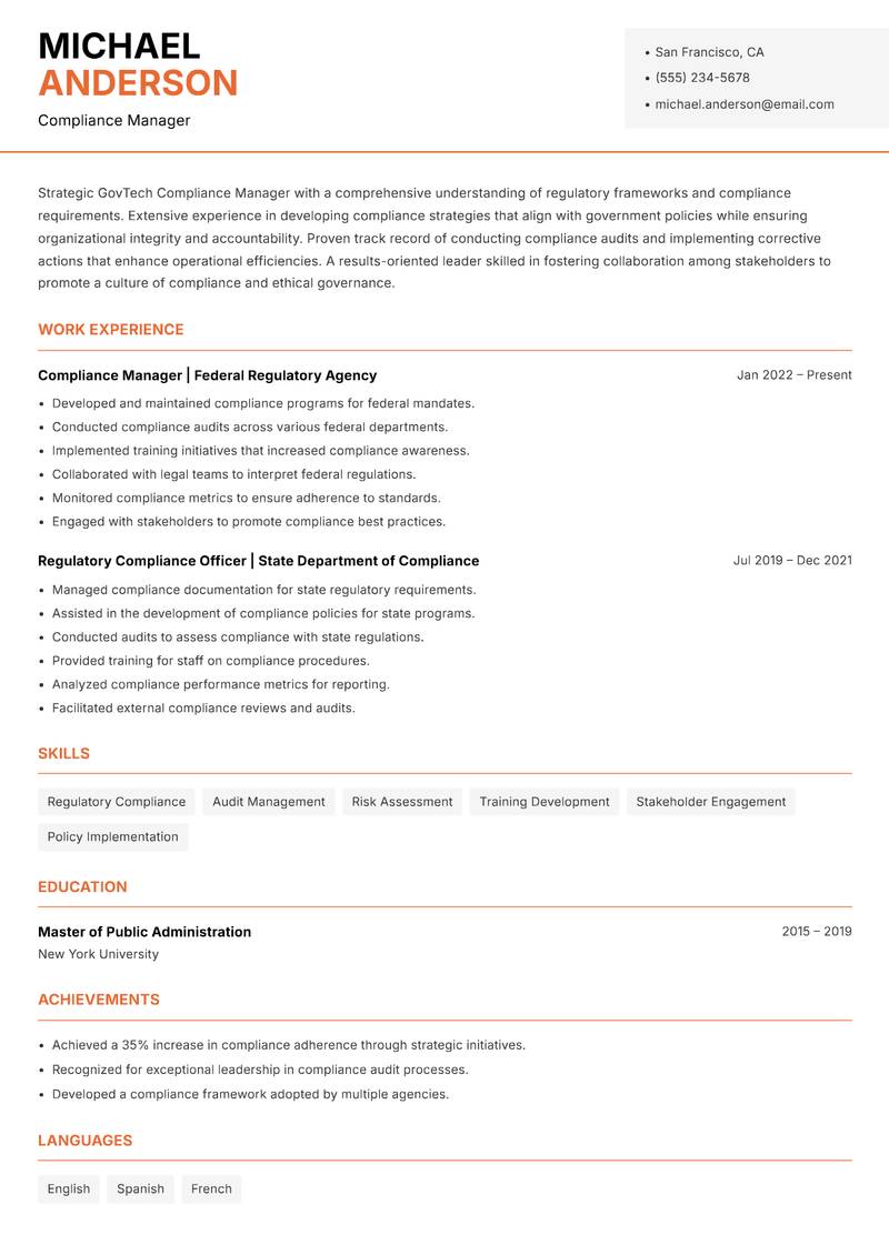 GovTech Compliance Manager resume template — Modern Professional