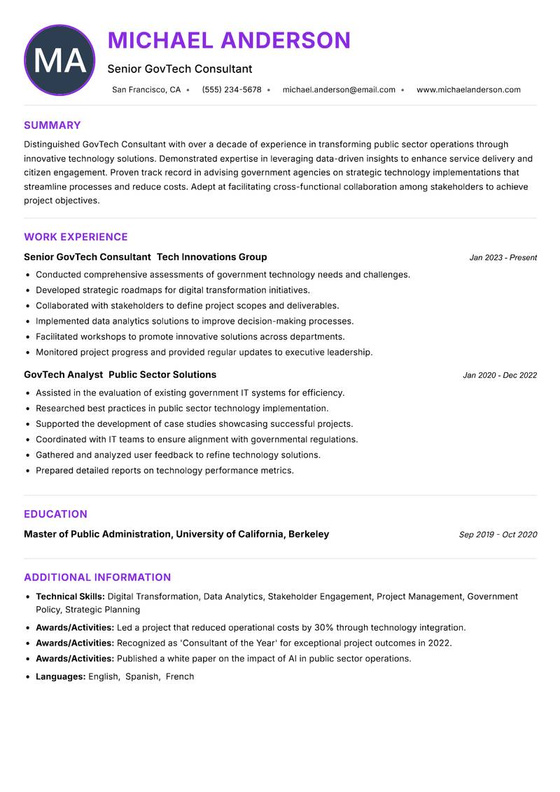 GovTech Consultant resume example — ATS-friendly template
