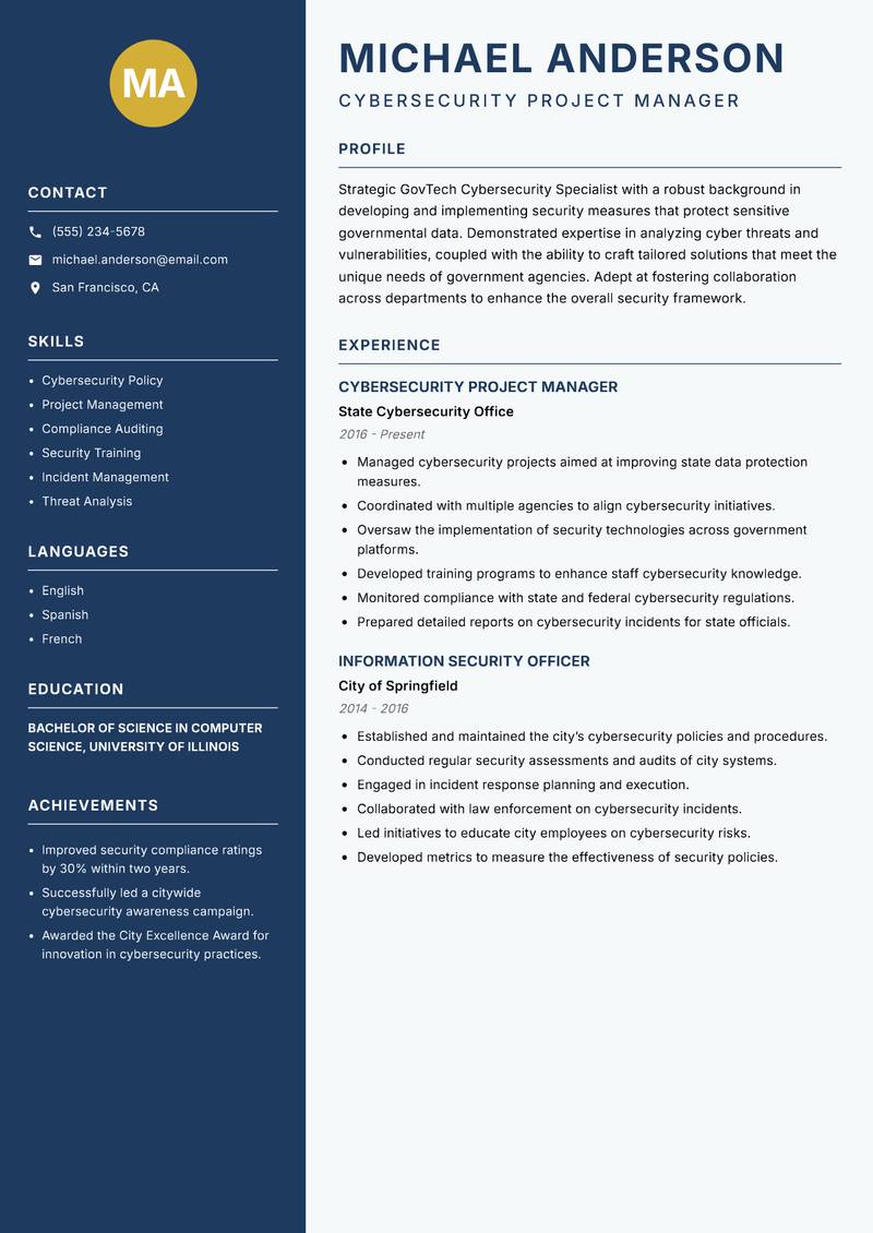 GovTech Cybersecurity Specialist resume template — Classic Clean