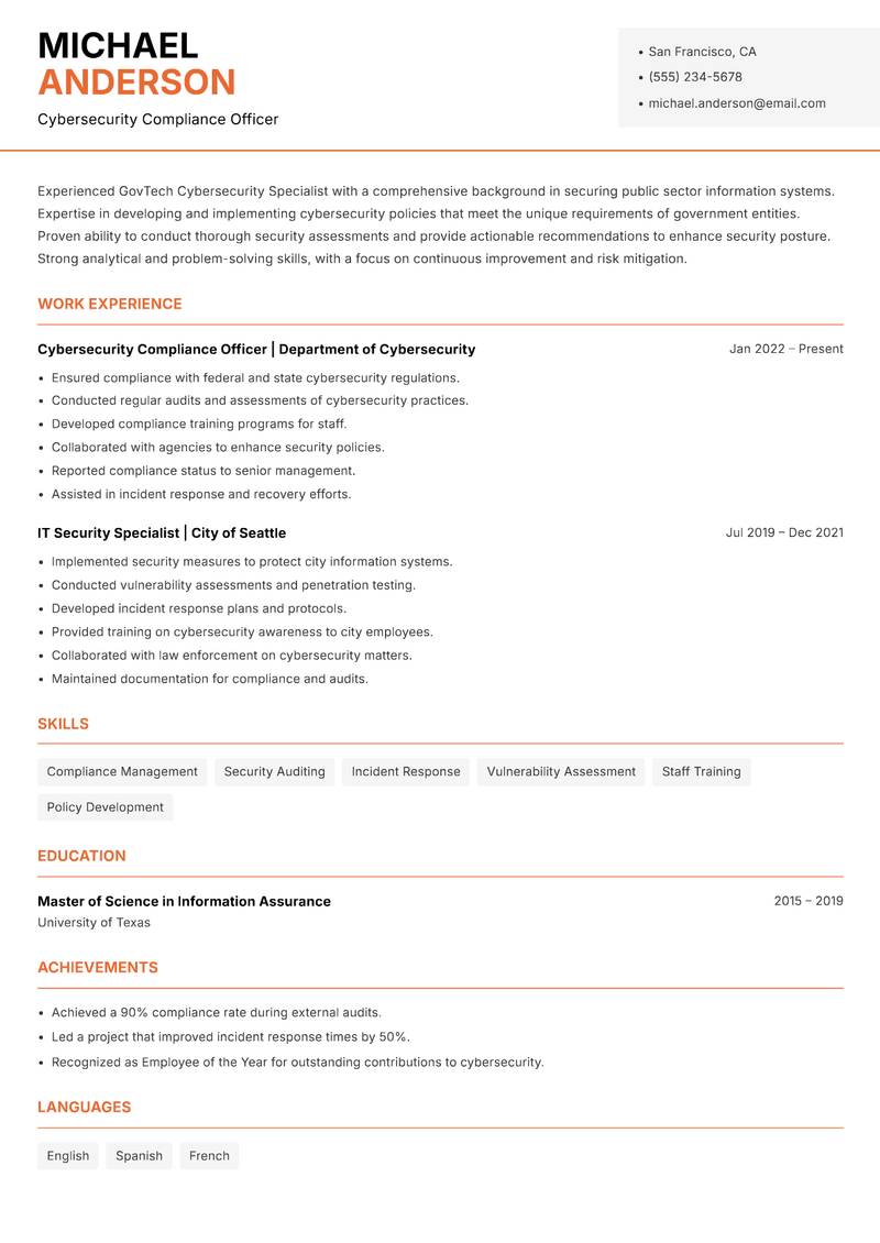 GovTech Cybersecurity Specialist resume template — Modern Professional