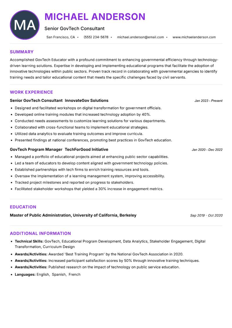 GovTech Educator resume example — ATS-friendly template