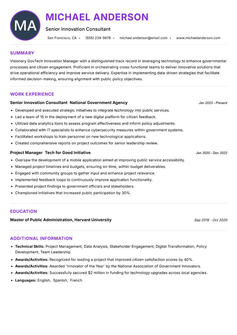 GovTech Innovation Manager resume example — ATS-friendly template