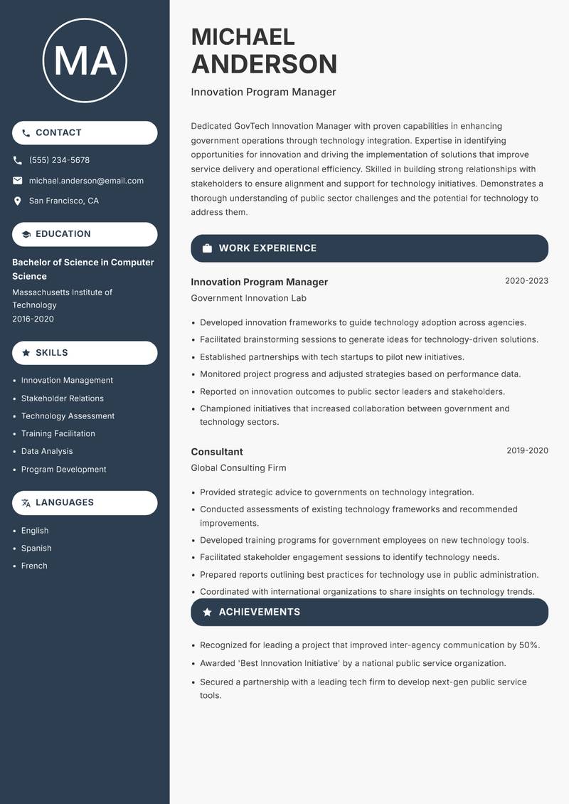 GovTech Innovation Manager resume template — Compact
