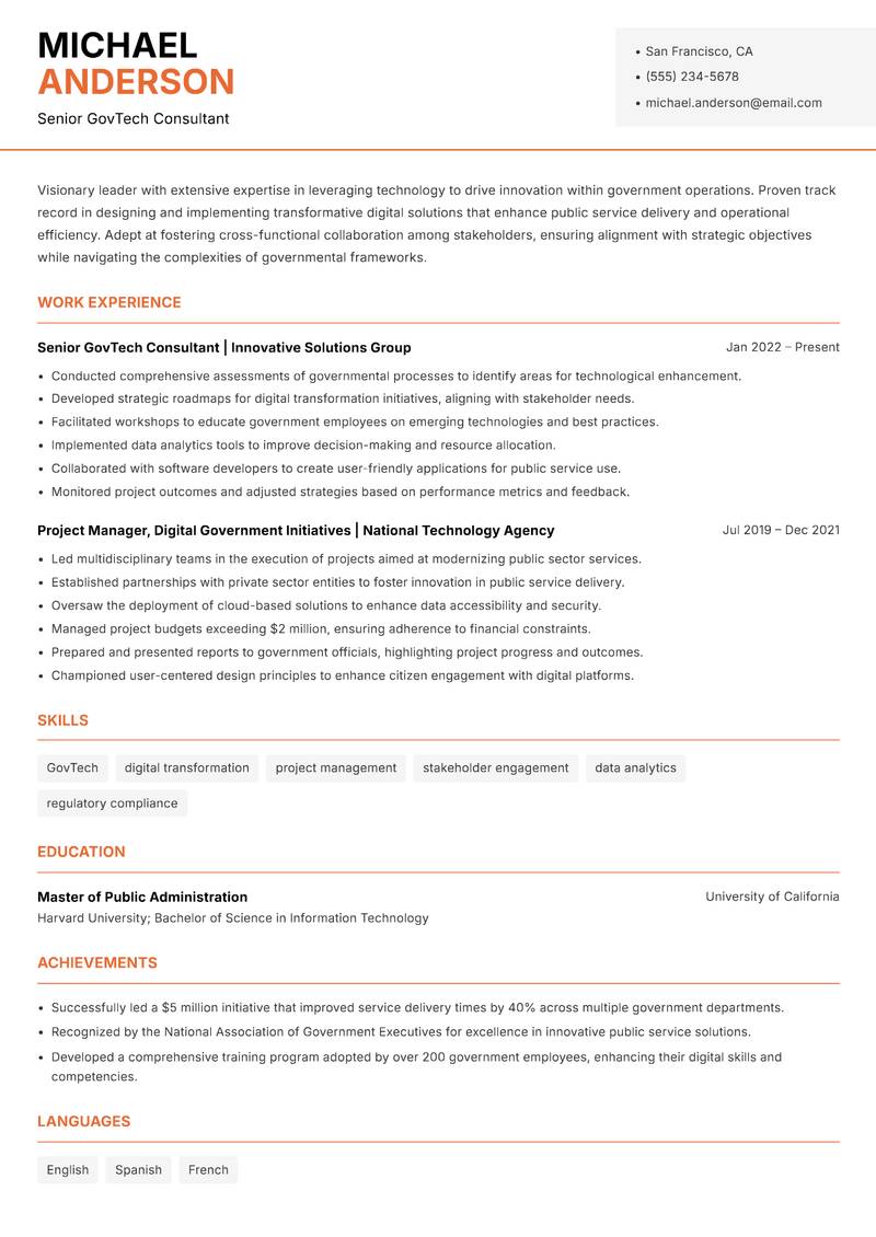 GovTech Innovation Manager resume template — Modern Professional