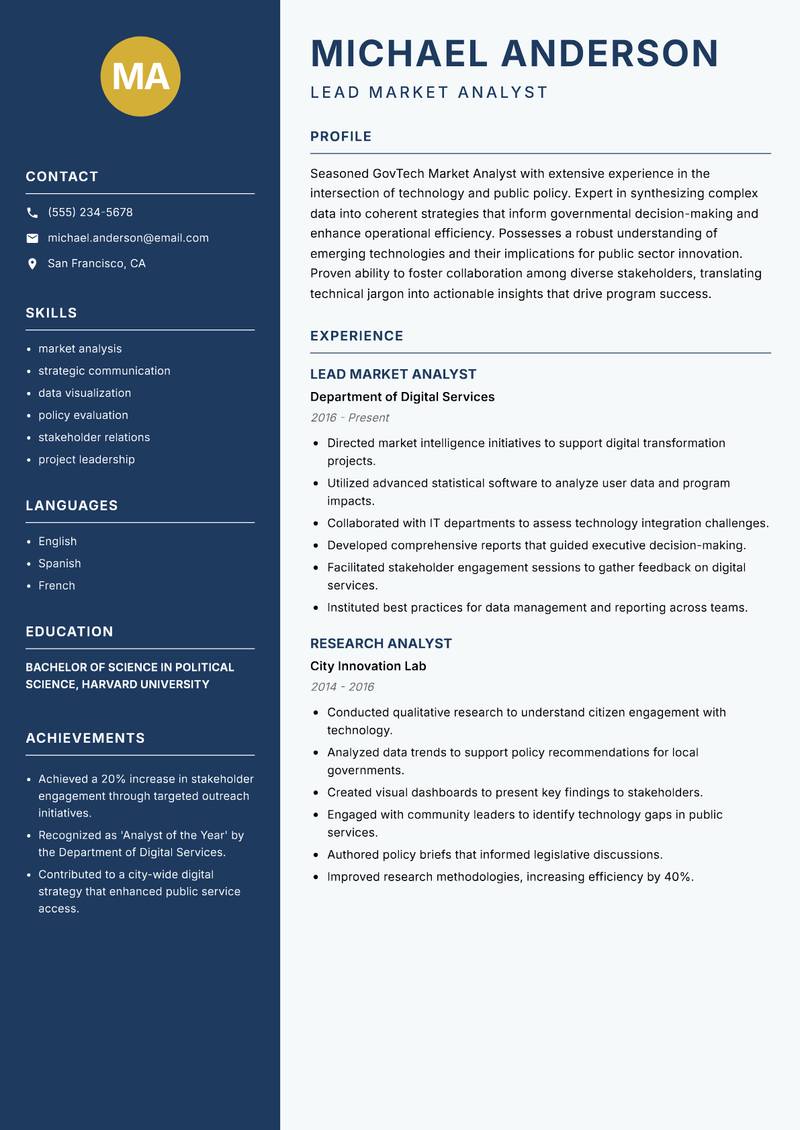GovTech Market Analyst resume template — Classic Clean