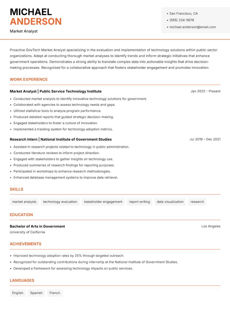 GovTech Market Analyst resume template — Modern Professional