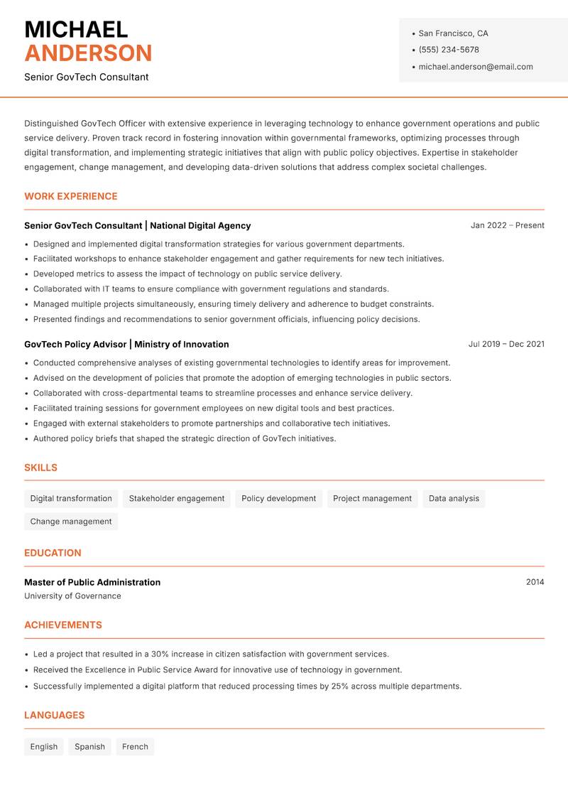 GovTech Officer resume template — Modern Professional