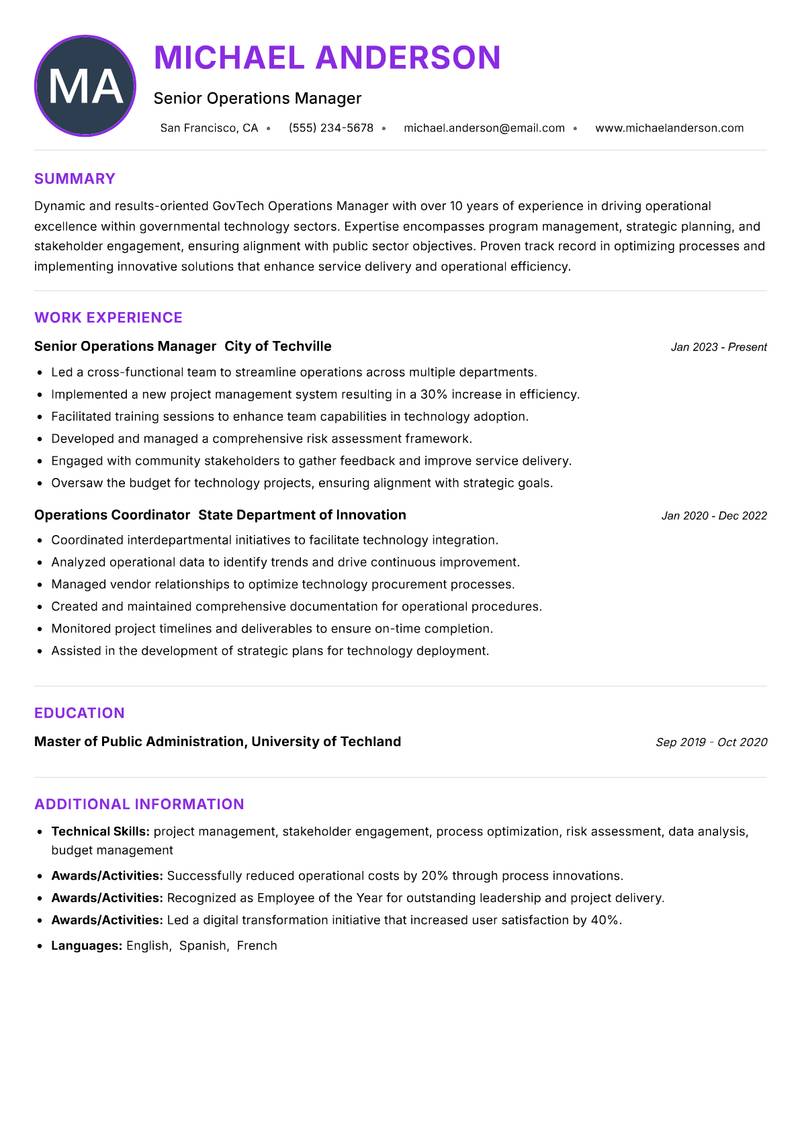 GovTech Operations Manager resume example — ATS-friendly template