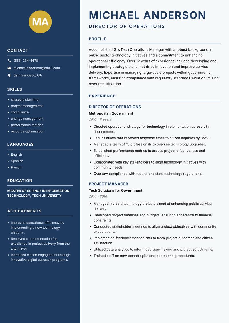 GovTech Operations Manager resume template — Classic Clean