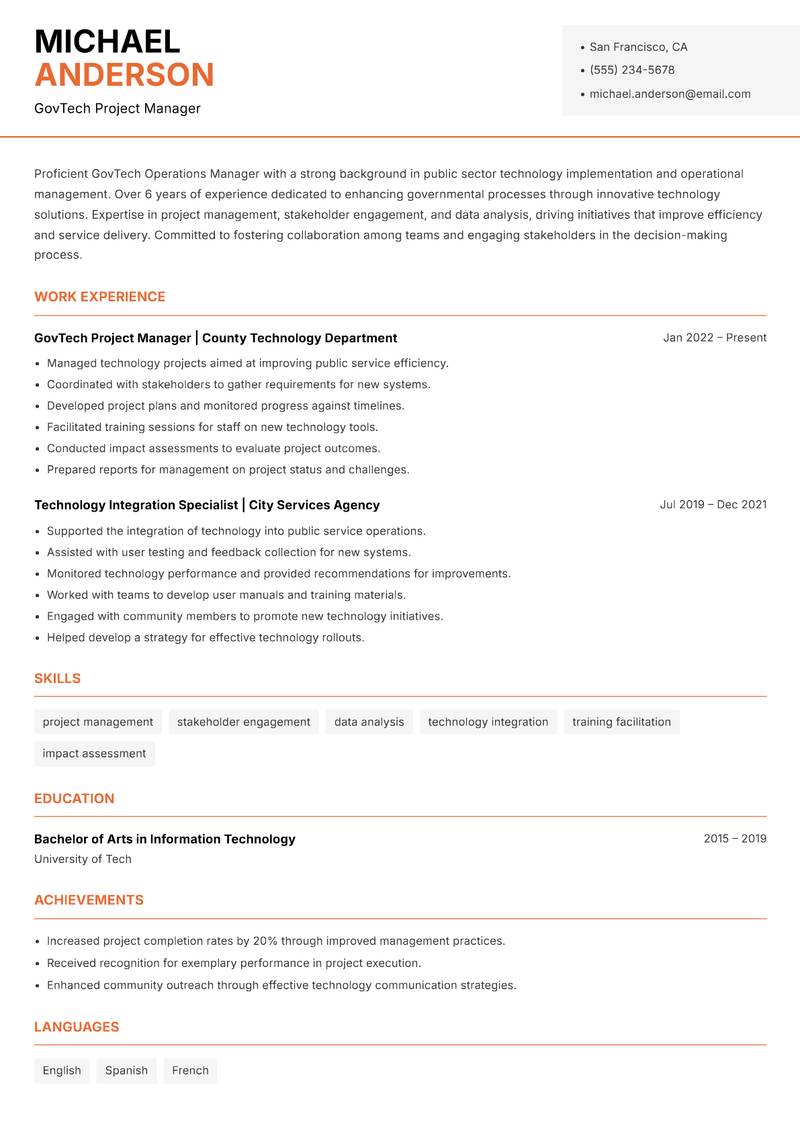 GovTech Operations Manager resume template — Modern Professional